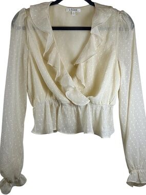 Leche Ivory Ruffle Surplice Chiffon Blouse Small Swiss Dot Romantic Coquette